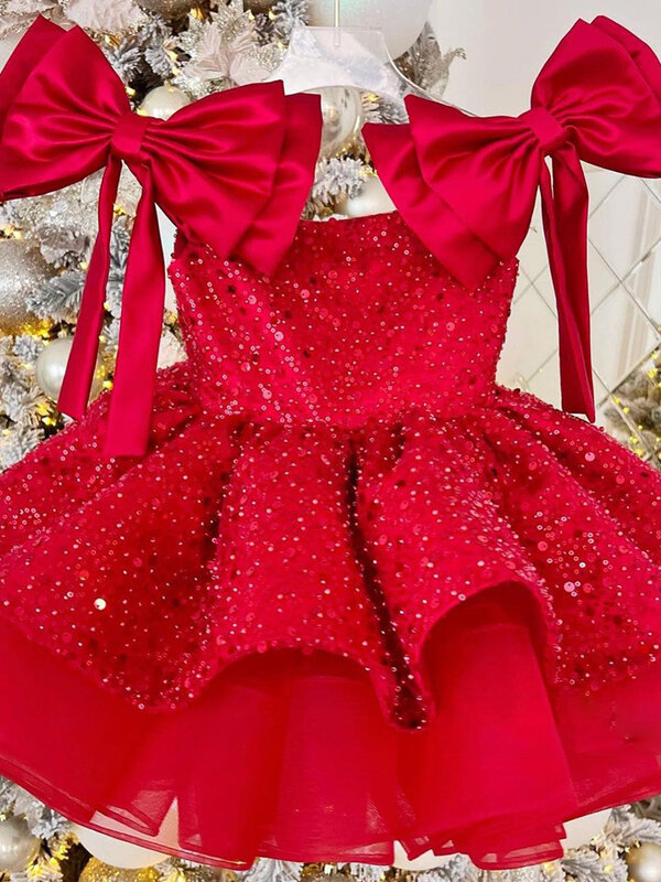 Robe trapèze rouge à paillettes pour filles, robes tutu en tulle, nœud à carreaux, fête de Noël, nouvel an, enfants, tout-petit