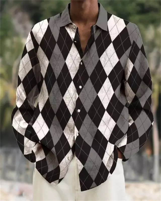 Camisa casual manga longa com gola polo masculina, top quadriculado, impressão de alta definição, material saudável macio, nova moda, 2023