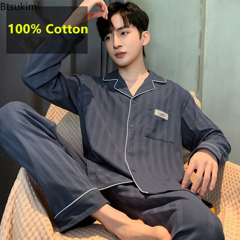 Conjuntos de pijamas de moda para hombre, ropa de dormir de algodón puro de manga larga, transpirable, talla grande, primavera y otoño, novedad
