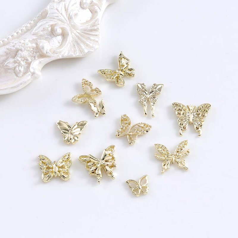 10 buah/lot jimat kuku kupu-kupu 3D desain simpul pita perhiasan mewah emas perak berongga seni kuku Aksesori dekorasi jumlah besar