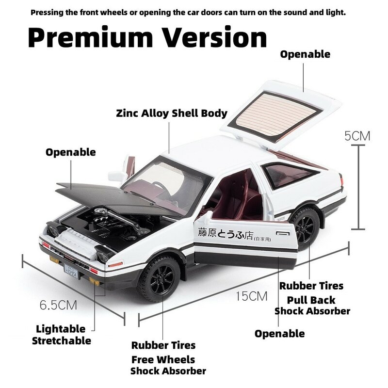 1/32 Initial D AE86 mobil mainan Diecast, Model miniatur Toyota tarik ke belakang suara pintu dapat dibuka koleksi edukasi hadiah anak