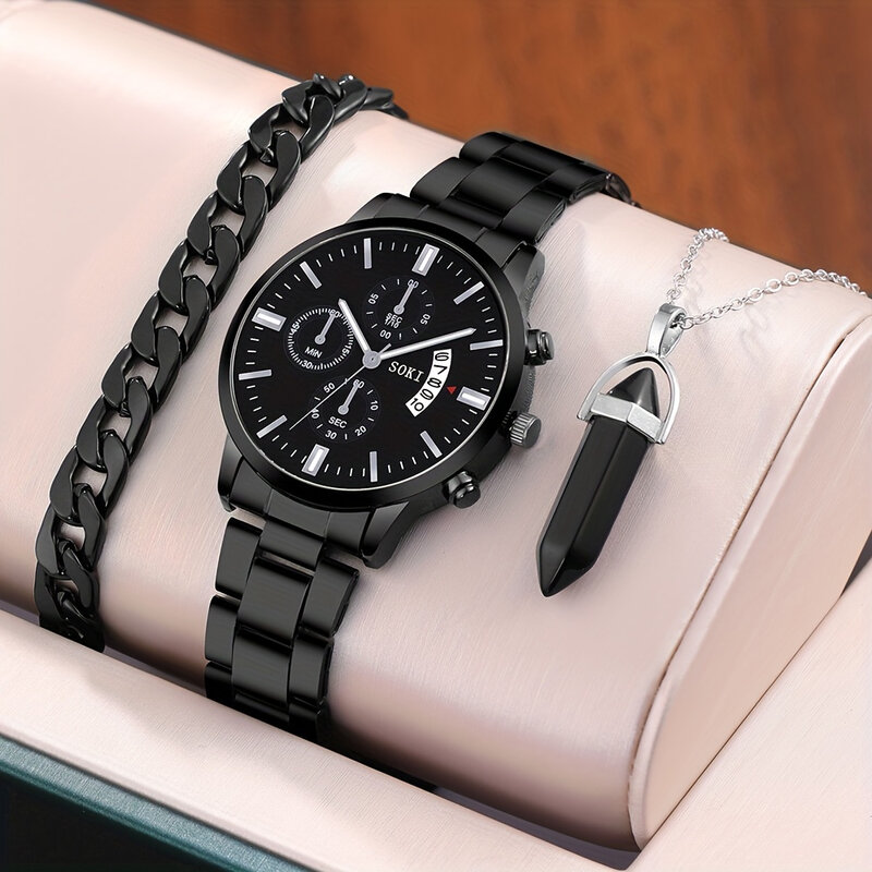 남성용 비즈니스 캘린더 패션 쿼츠 손목 시계, 스테인레스 스틸 스트랩 및 목걸이 팔찌 세트, 3 개/세트, 1 개