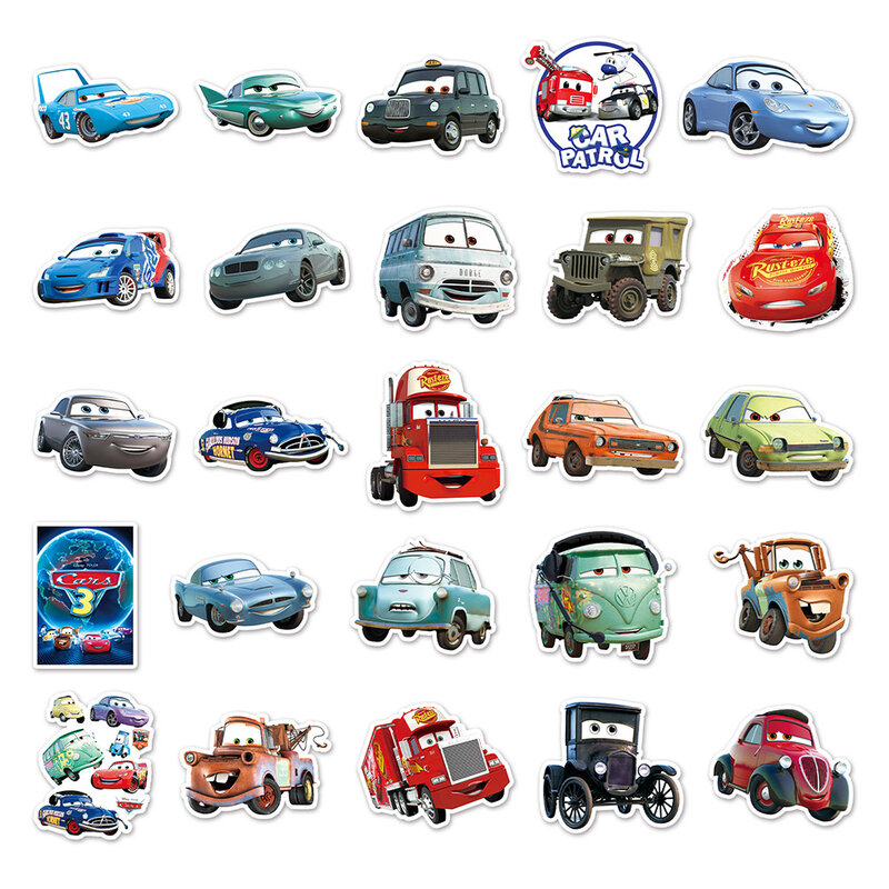 Disney-Cute Cartoon Cars Adesivos, Lightning McQueen Adesivos, decalque à prova d'água, apto para skate, motocicleta, laptop, brinquedo infantil, 10 pcs, 30 pcs, 50pcs