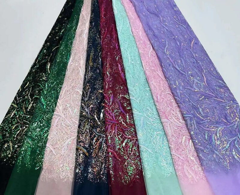Tela de encaje africano de alta calidad, tejido francés con lentejuelas de red para coser, Material de encaje bordado, tul nigeriano, 2023