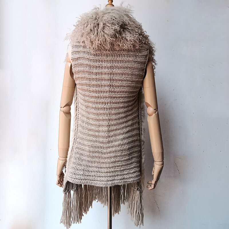 Bất Rabbit Fur Vest Với Mông Cổ Cừu Lông Collat Phụ Nữ Dài Đàn Hồi Dệt Kim Fur Gilet Phụ Nữ Mùa Xuân 2019 Thời Trang Lông Thú áo ghi lê