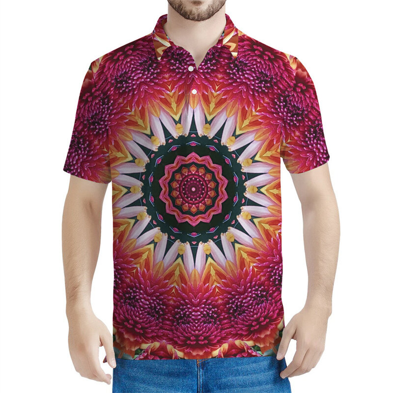 Polo psicodélico 3D colorido masculino, verão, padrão caleidoscópio, mangas curtas, camiseta de lapela, botão casual