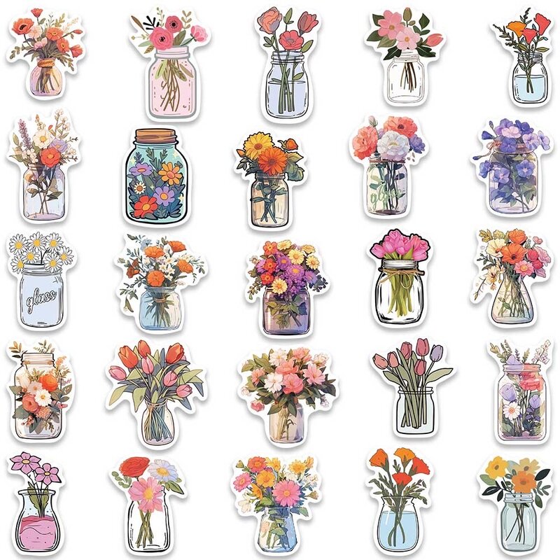 Cute Cartoon Bottle Flower Stickers, Ins Estética DIY, Bagagem, Guitarra, Notebook, Graffiti Decoração, Etiqueta, Brinquedo, 10 Pcs, 50Pcs