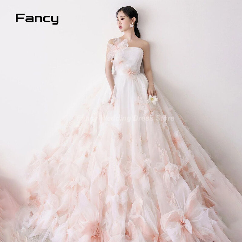 Fancy Luxury 3d Flower Applique Wedding Dress Korea Photoshoot Strapless A Line Bridal Gown Floor Length Bridal Dresses