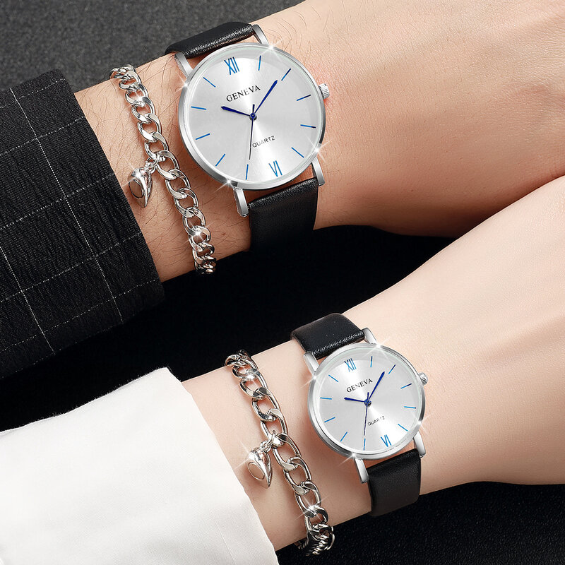 4pcs/set Fashion Women Leather Couple Watch Quartz Watch & Love Heart Bracelet Set