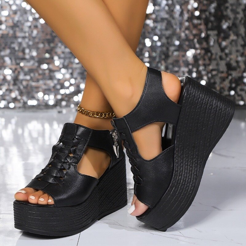 Wedges Platform Sandals for Women Sexy High Heels Shoes 2024 Summer Side Zipper Designer Peep Toe Solid Color Women's Shoes
