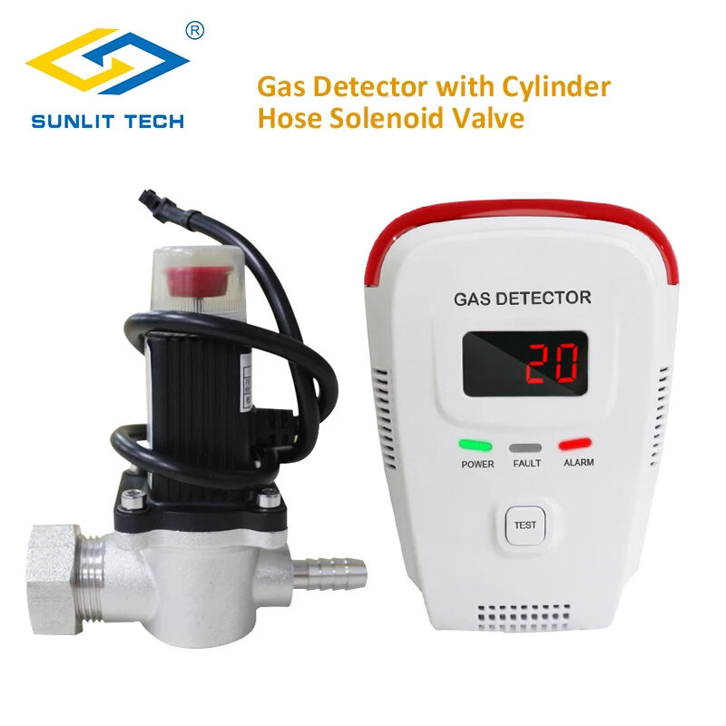 LPG Natural Gas Leakage Detector 85dB Sound with Voice Prompt vs Cylinder Hose Solenoid Valve Cut Off Gas for Home Security