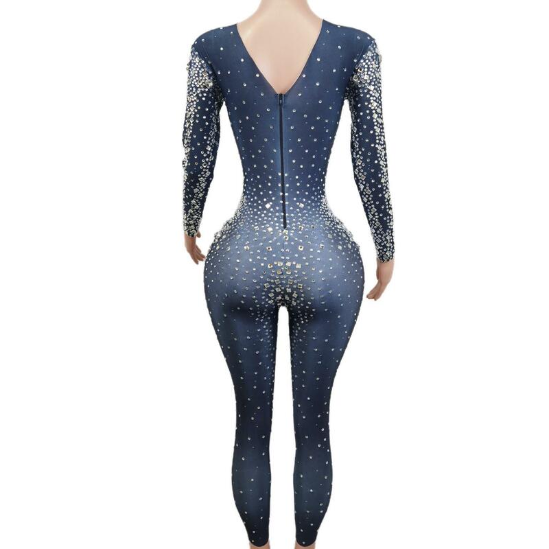 Jumpsuit Elastis Berlian Imitasi Berkilau Mewah Legging Prom Kristal Lengan Panjang Wanita Kostum Panggung Dj Klub Malam Pakaian Merayakan