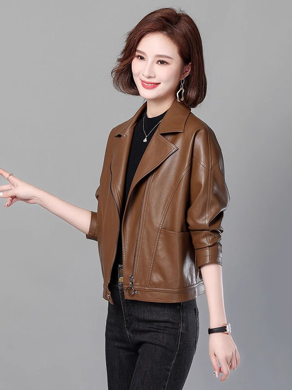 New Women Streetwear Leather Jacket Spring Autumn Fashion Suit Collar Zipper Fly Loose Short Coat Split Leather Outerwear