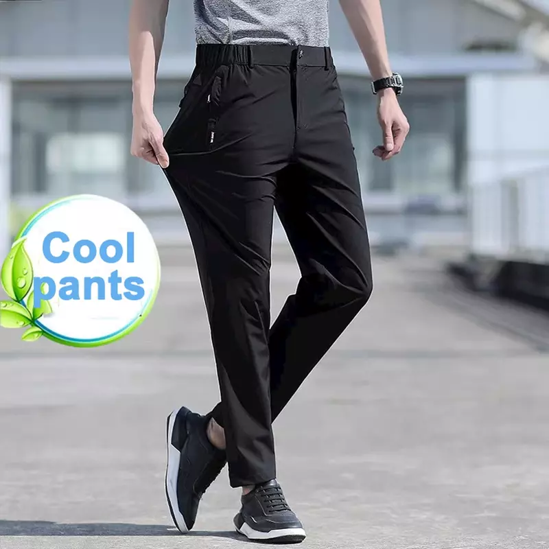 กางเกงผ้าไอซ์ซิลค์สำหรับผู้ชายกางเกงยืดขาตรงระบายอากาศได้ดีกางเกงเอวยางยืดแห้งเร็วสำหรับ8XL ฤดูร้อน