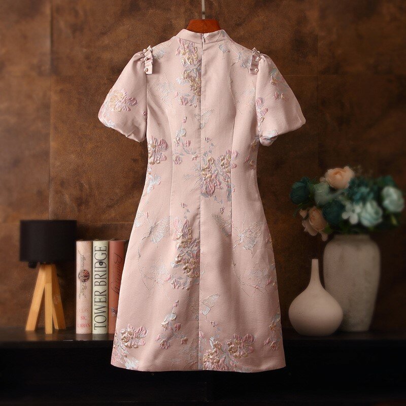 Gaun Cheongsam wanita modifikasi gaun renda mirip jamur pohon Jacquard kerah berdiri Retro Cina baru