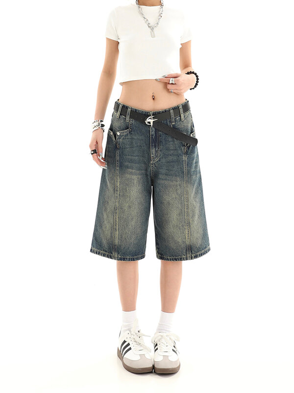 Shorts jeans retrô feminino, cintura alta, calça de cinco pontos, meia calça reta e solta, moda casual, verão, 2024