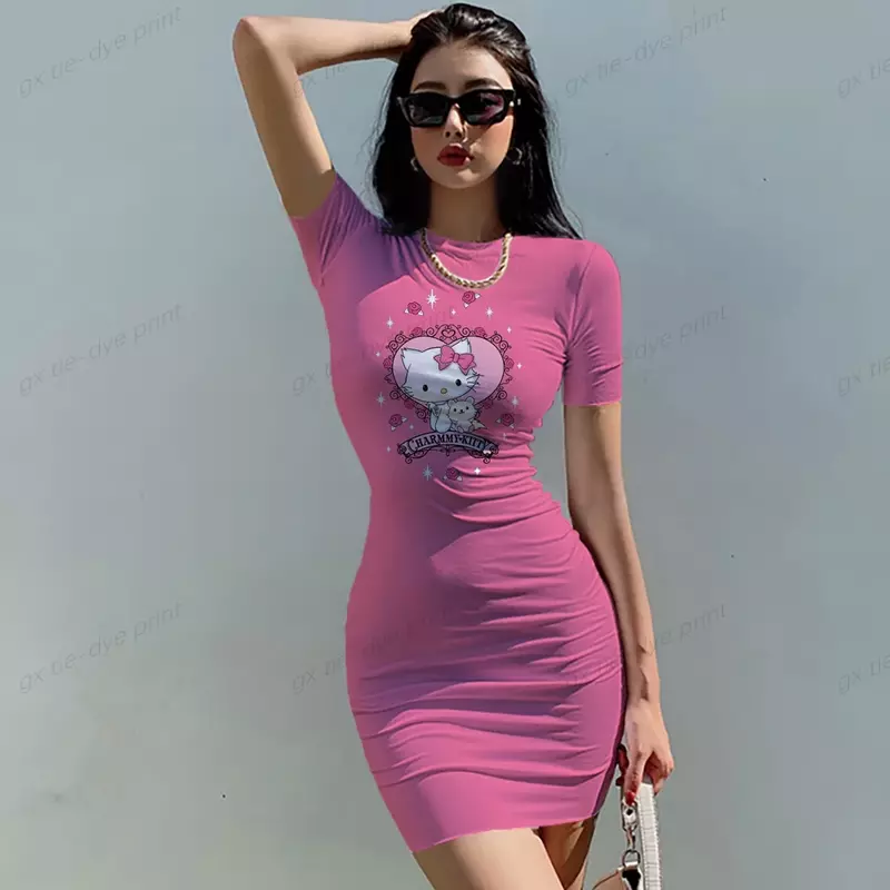 Gaun Mini Bodycon lengan pendek gaun cetak Hello Kitty ulang tahun Malam klub pesta seksi wanita grosir Musim Semi Musim Panas 2024
