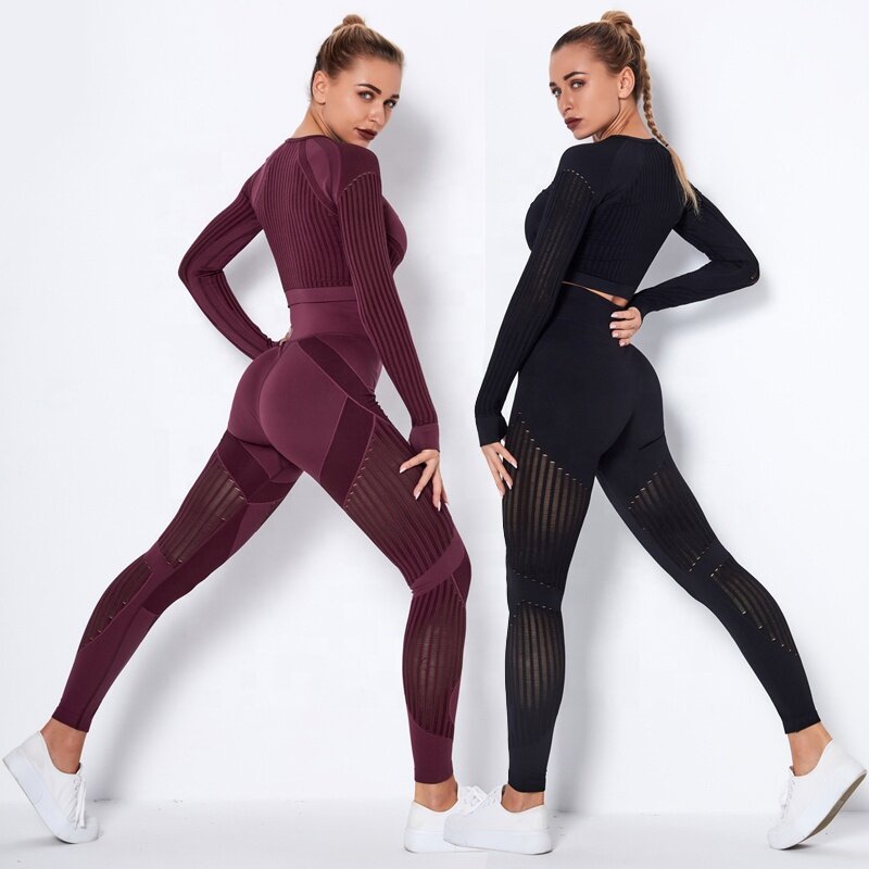 Conjunto de roupas de ioga sem costura de manga comprida para mulheres, cintura alta fitness leggings