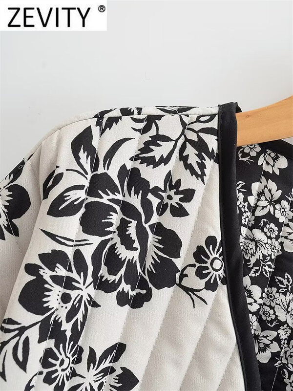 Zevity Frauen Vintage Doppel Floral Print Lace Up Baumwolle Jacke Mantel Weibliche Lange Hülse Taschen Casual Oberbekleidung Chic Tops CT2561