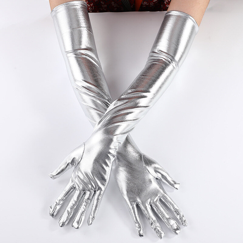 Guanti lunghi metallici in finta pelle argento oro guanti da sera per feste da donna guanti Cosplay Sexy con lunghezza del gomito T138