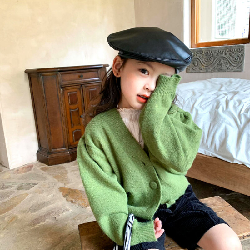 Korean Ins-style Kids PU Pibere Hat Autumn and Winter Niche Solid Color Painter Hat Literary Newsboy Hat