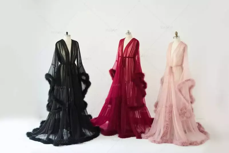 Fashion Fur Bathrobe Women's Feather Bathrobe Gown Edge Tulle Illusion Long Bridal Robe Wedding Nightgown Sleepwear