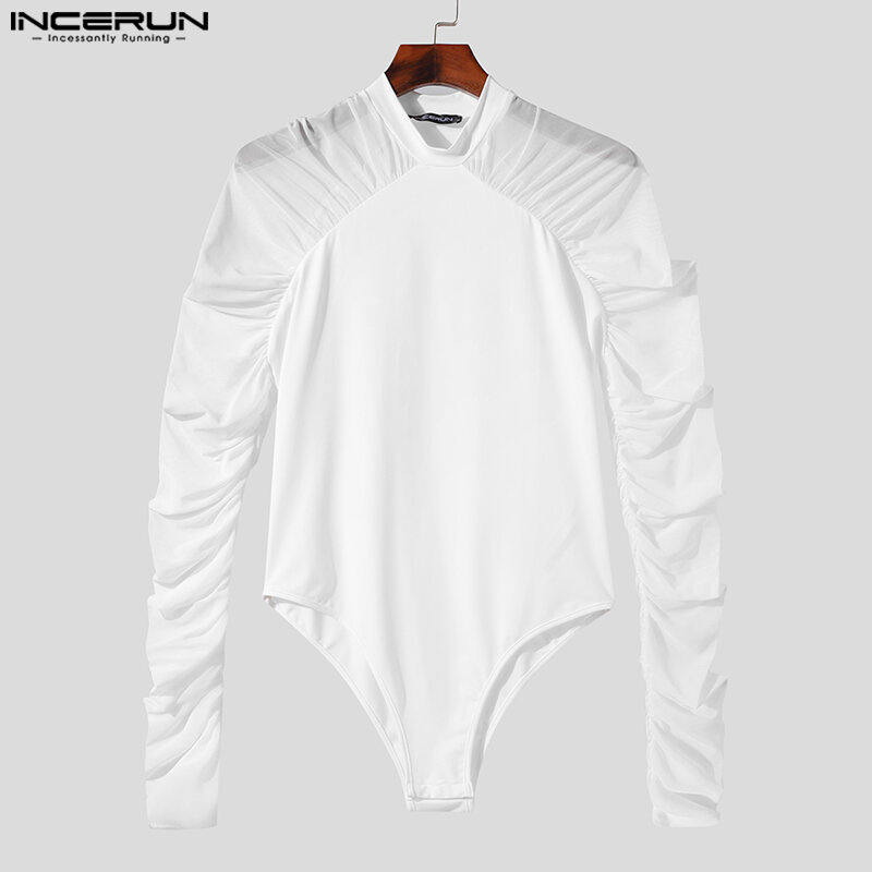 INCERUN Men Bodysuits Mesh Patchwork O-neck Long Sleeve Transparent Male Rompers Streetwear 2023 Fitness Fashion Bodysuit S-5XL