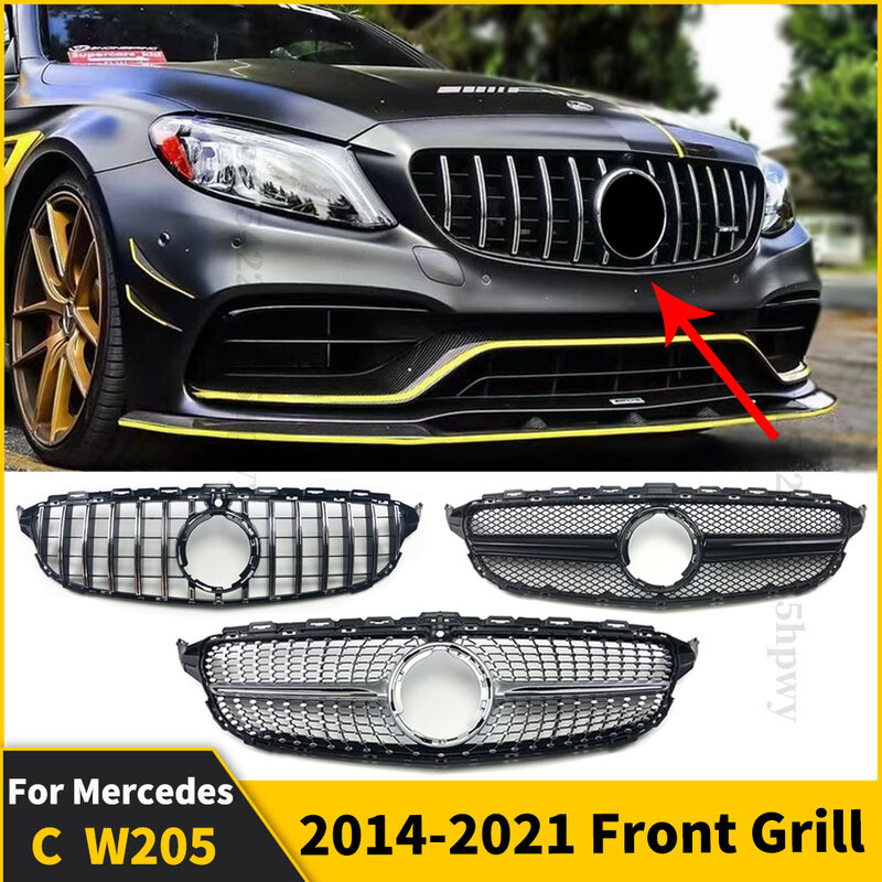 GT Diamond Front Bumper Grille For Mercedes W205 Grill C205 S205 Benz C 2014-2021 C200 C260 C180 C250 C300 Coupe AMG Tuning