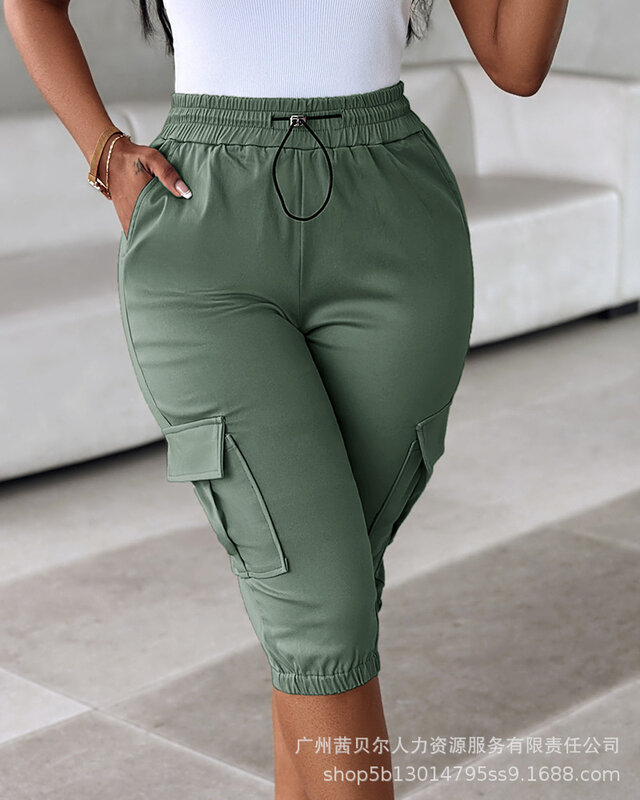 Cargo Pants Women Capris Solid Casual Regular Slim Fit Elastic Waist Lace Up Calf Length Pant Elegant Splice Sheath Trousers