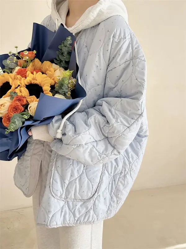 QWEEK-Jaqueta acolchoada grande para mulheres, estampa floral, casaco com botões, Parkas azuis, doce e suave, moda coreana, Y2K, Fairycore, inverno