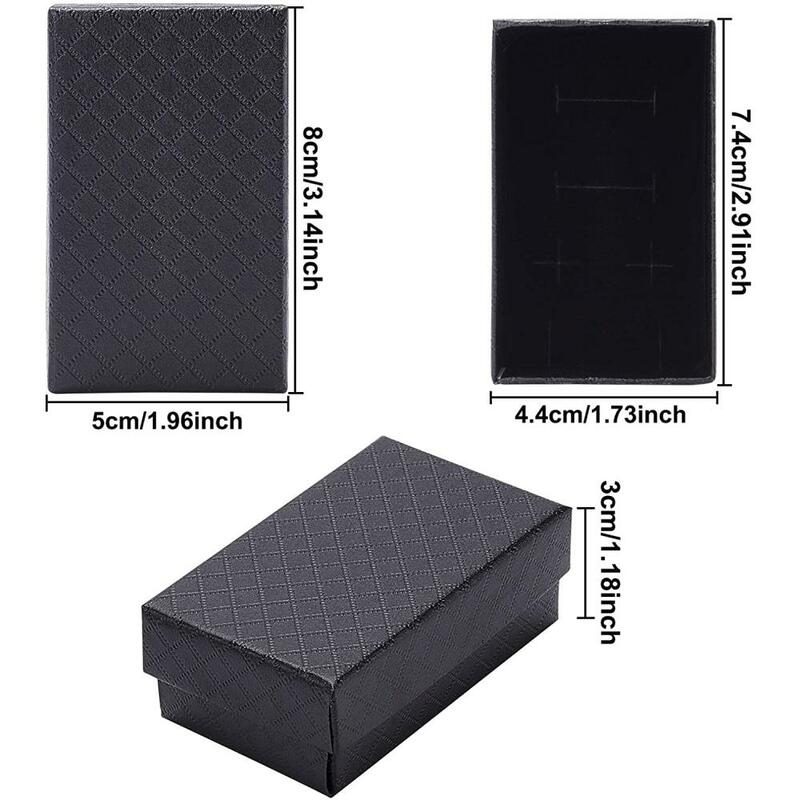 24pcs Rectangle Cardboard Boxes Black Rhombus Pattern Paper Box with Sponge for Earring Necklace Jewelry Storage Gift Container
