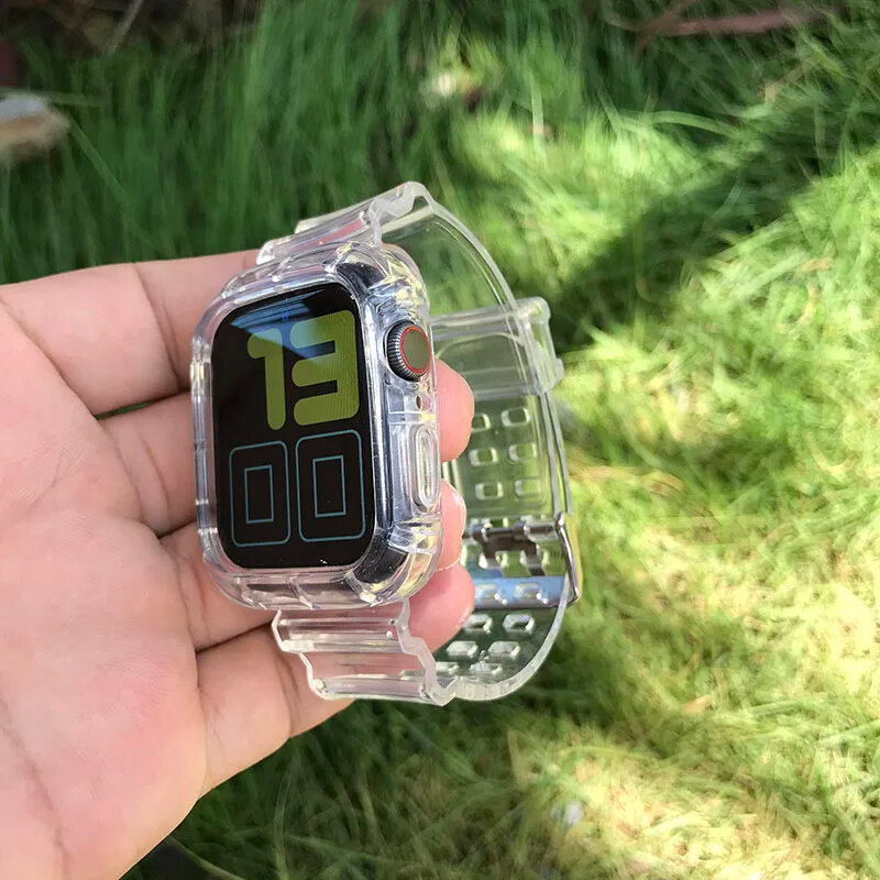 Tali bening + casing untuk Apple Watch seri 9 8 7 6 SE 5 49mm 45mm 44mm 42mm 41mm transparan untuk iwatch 3 38mm 40mm tali plastik