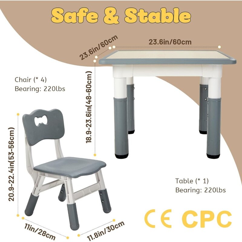 ชุดโต๊ะและเก้าอี้เด็ก4ชิ้นชุดโต๊ะและเก้าอี้สำหรับเด็กวัย3-8ขวบง่ายต่อการเช็ดโต๊ะศิลปะและงานฝีมือ