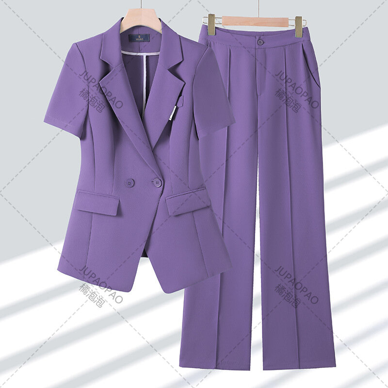 Женский офисный костюм JU PAO, комплект из двух предметов, блейзер с коротким рукавом и отложным воротником, однотонные брюки, 2024
