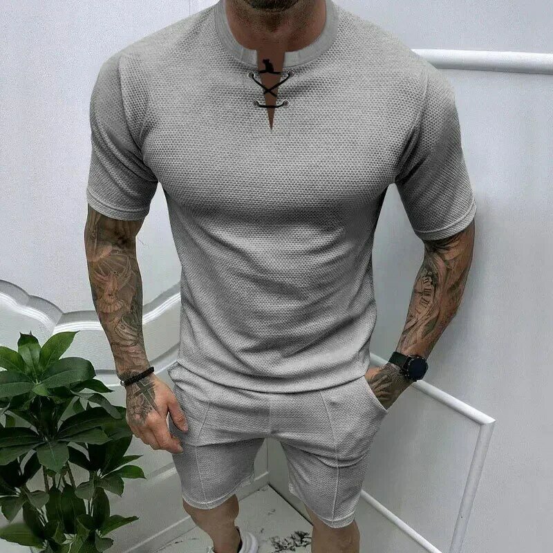 T-shirt court décontracté pour homme, haut gaufré, short moulant, coupe couvertes, sports d'été