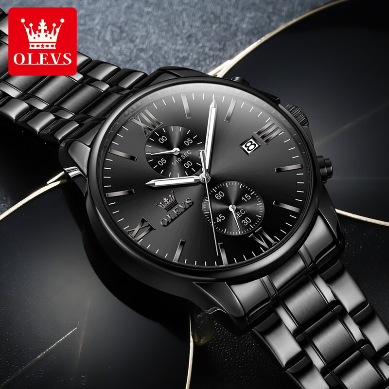 OLEVS jam tangan kronograf pria, arloji Quartz Stainless Steel tahan air bercahaya untuk lelaki