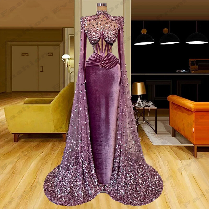 Elegante wunderschöne Satin Abendkleider weibliche exquisite Mode hoch geschlossene lang ärmel ige einfache Wisch Ballkleider für Frauen