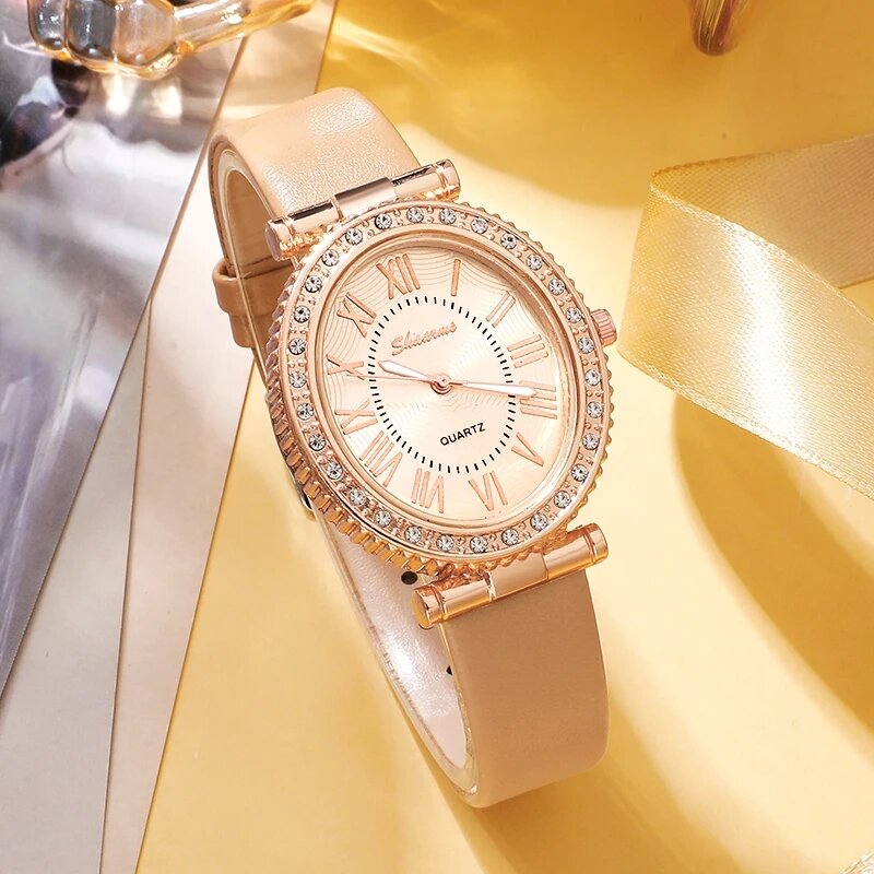 Mulheres pulseira de couro de luxo analógico relógio de pulso, relógio de quartzo feminino, pulseira vestido, relógio, moda
