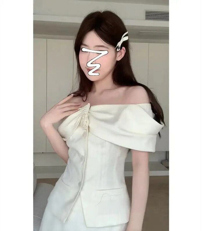 Koreański elegancki dwuczęściowy zestaw wysokiej jakości damskie spodenki z francuskim spódnica w stylu Retro z odkrytymi ramionami garnitur damski biurowy zestaw słodka, Slim