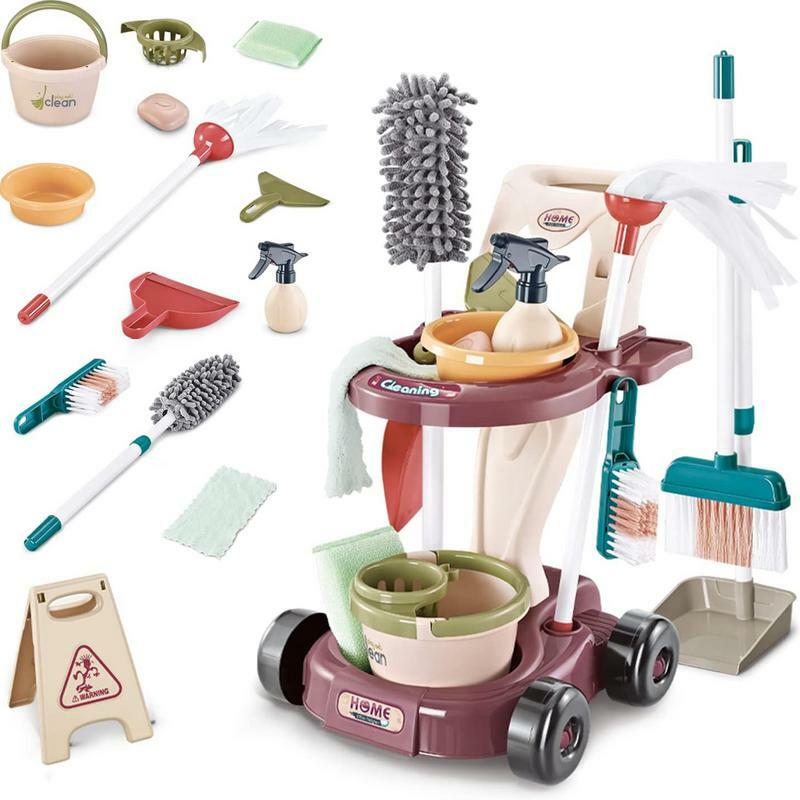 Children's Simulation Cleaning Tool Cart Play House Vacuum Cleaner Broom Mop Set Cleaning Hygiene Toys Set For Boys  Girls 3+