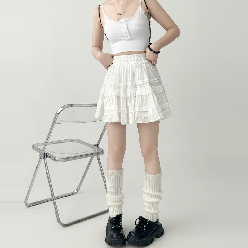 กระโปรงสั้นแต่งระบายเอวสูงของผู้หญิงกระโปรงเค้กน่ารักสไตล์บัลเล่ต์สีขาวเสื้อผ้า MODE Korea สำหรับฤดูใบไม้ผลิและฤดูร้อน