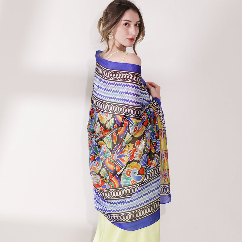 Bufanda de seda con estampado floral para mujer, chal largo y suave, color azul, elegante, para todas las estaciones, 100%