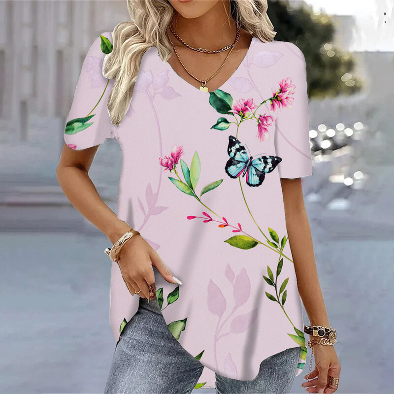 Elegante Frauen kurze Ärmel 2024 Sommer T-Shirt 3d gedruckt Kurzarm T-Shirts jugendliche Frau Kleidung Tops übergroße T-Shirt