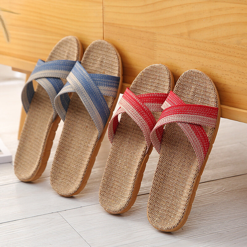 Fashion Linen Slippers Striped Sandals Men Breathable Flat Shoes Household Slippers Flip-Flops Shoes Summer Beach Slides