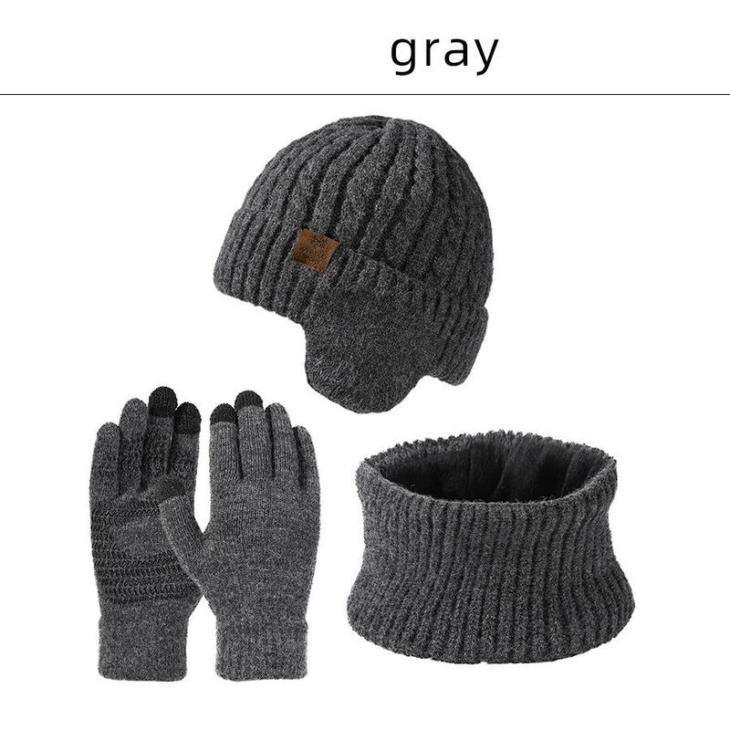 Conjunto de luvas de chapéu e cachecol masculino, gorro de malha, luva grossa e quente, exterior, à prova de vento, 3 peças, inverno