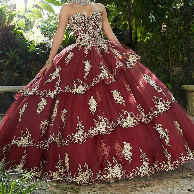 Cinnamon-Rose Custom Made Quinceanera Dresses Ball Gown Sweetheart Tulle Applique Tiered Sweet 16 Dresses
