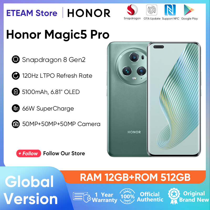 Honor-Magic 5 Pro snapdragon 8 gen 2トリプルカメラ,グローバルバージョン,12GB, 512GB, 120Hz,50mpデジタルズーム,66Wスーパーチャージ