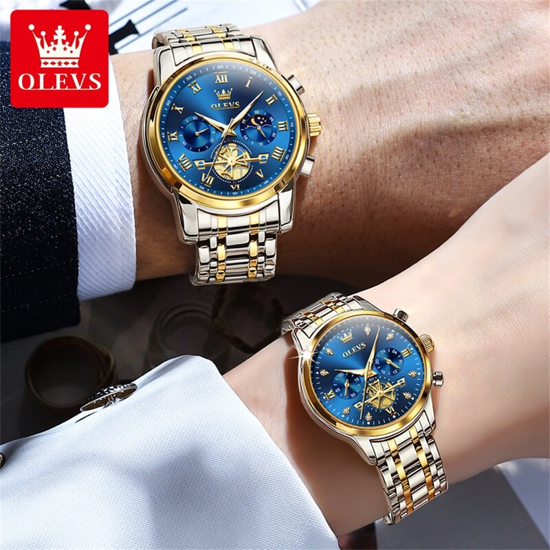 Кварцевые часы OLEVS для пары, роскошные брендовые водонепроницаемые часы с датчиком лунного фазы, элегантные и романтичные часы для влюбленных, его пары