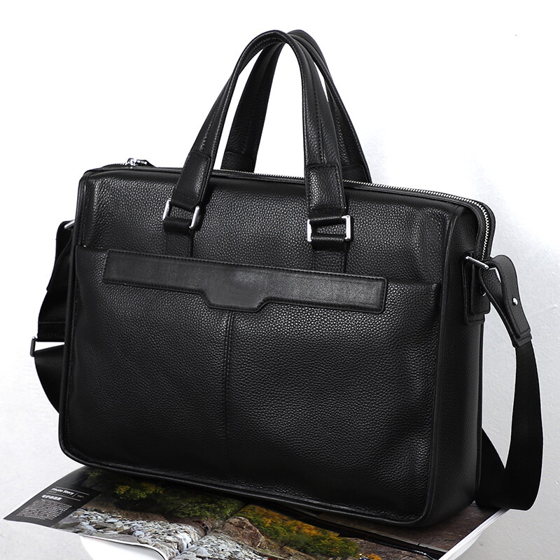Men Genuine Leather Black Briefcase Business Handbag Messenger Bags Male Shoulder Bag 15.6 inch Men's Large Laptop Travel Bags