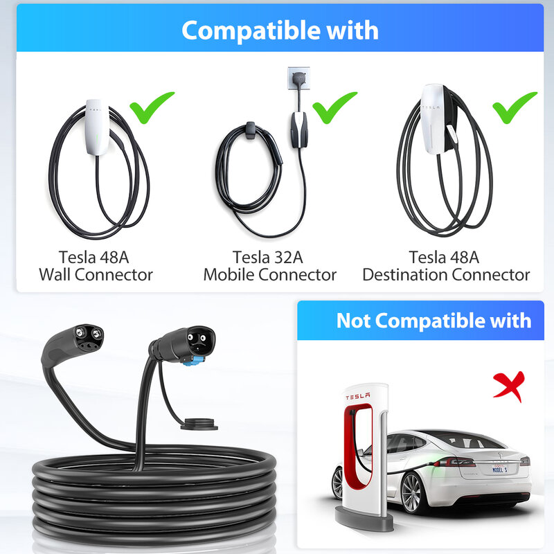EV  Charging Extension Cable For tesla 21FT 12KW 50Amp 240V Model 3/Y/S Charger Extension Cable Level 1/2 EV Charger Cord